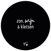 Zwarte tuincirkel/muurcirkel met tekst - 'Zon, wijn en klersen' perfect als wanddecoratie voor buiten en binnen