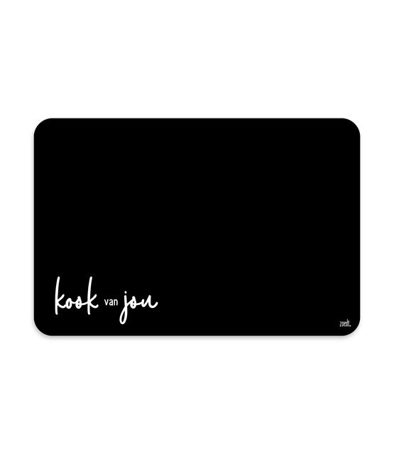 Placemat van zwart vinyl met de speelse tekst ‘Kook van jou’ – een stijlvolle en praktische toevoeging aan jouw eettafel