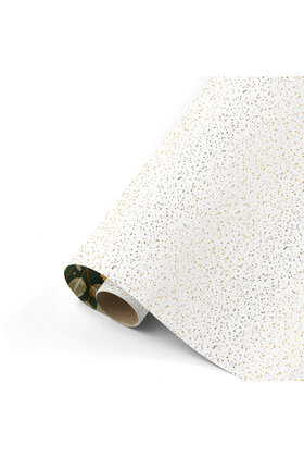 Rol cadeaupapier wit met gouden dots en sterren