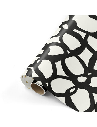Rol cadeaupapier wit met zwart bloemenpatroon