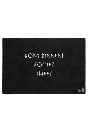 Deurmat zwart 40x60 cm – met tekst 'Kom binnen! Koffie? Thee?' | Zoedt