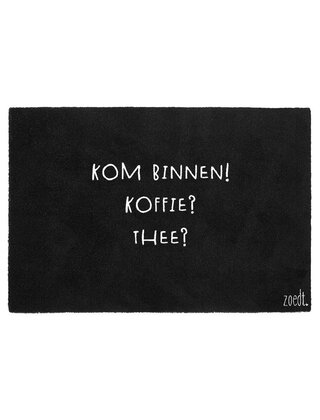 Deurmat zwart 40x60 cm – met tekst 'Kom binnen! Koffie? Thee?' | Zoedt