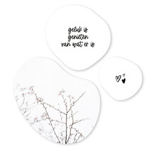 Set van 3 organische muurcirkels wit met tekstjes en bloesem – Unieke wanddecoratie voor binnen (20, 30 en 40 cm)