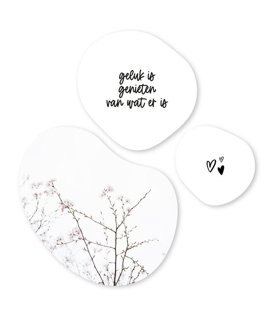 Set van 3 organische muurcirkels wit met tekstjes en bloesem – Unieke wanddecoratie voor binnen (20, 30 en 40 cm)