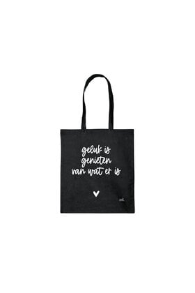 Zwarte katoenen tas met tekst 'Geluk is genieten van wat er is'