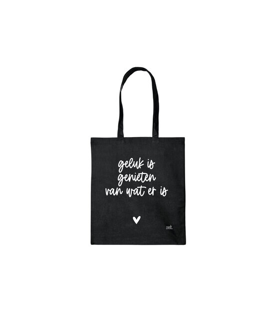 Zwarte katoenen tas met tekst 'Geluk is genieten van wat er is'