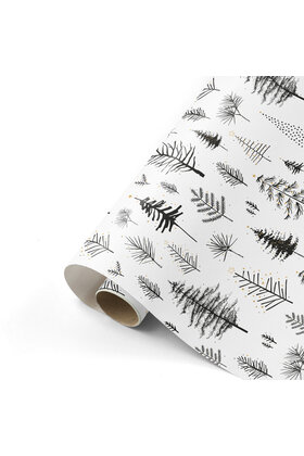 Rol cadeaupapier wit met zwarte boompjes