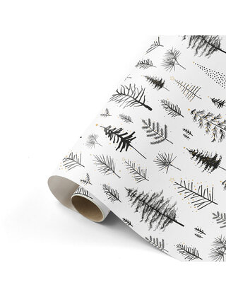 Rol cadeaupapier wit met zwarte boompjes