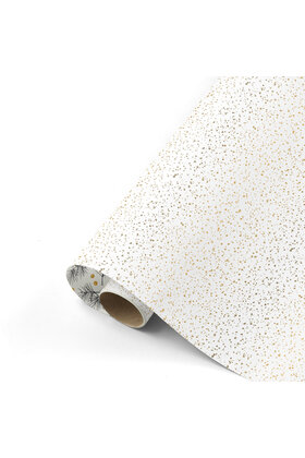 Rol cadeaupapier wit met gouden dots en sterren - dennetakjes