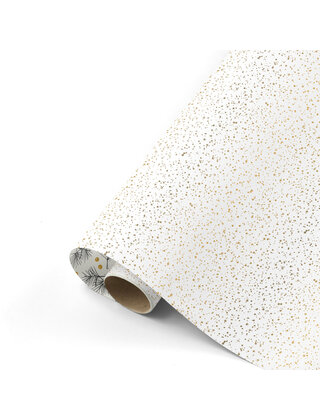 Rol cadeaupapier wit met gouden dots en sterren - dennetakjes