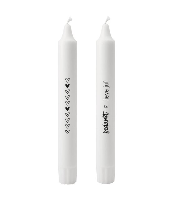 Set van 2 dinerkaarsen met tekst - 'Bedankt lieve juf'