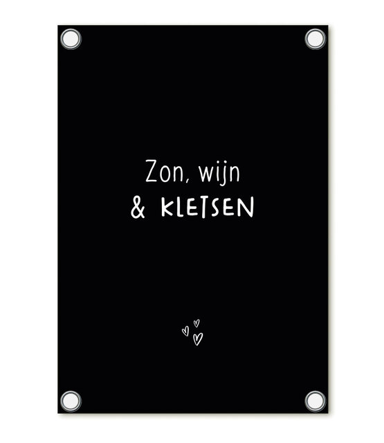 Tuinposter zwart met tekst ''Zon, wijn en kletsen' – buitenposter voor tuin & terras