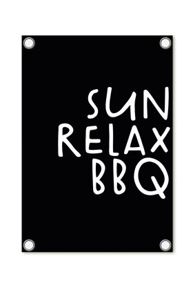 Tuinposter - zwart met tekst 'Sun Relax BBQ'
