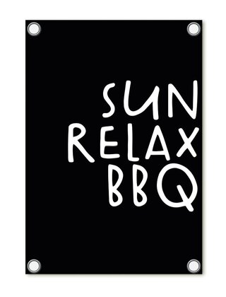 Tuinposter - zwart met tekst 'Sun Relax BBQ'