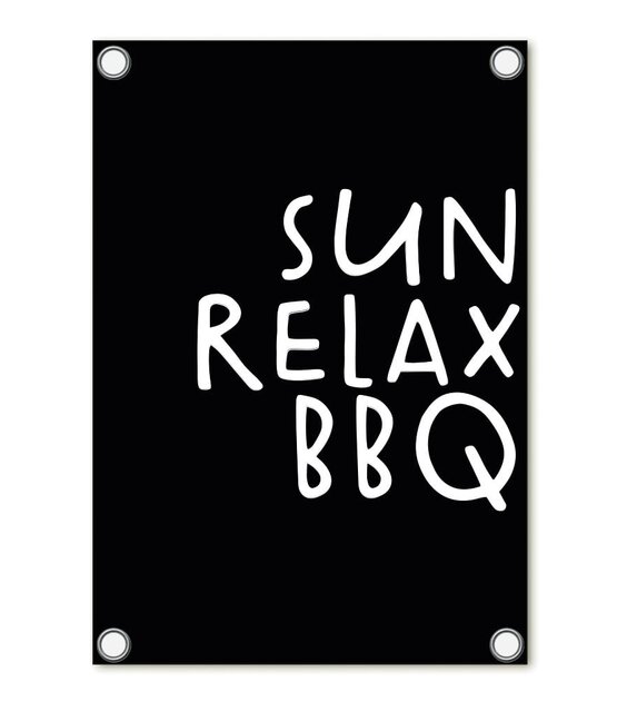 Tuinposter zwart met tekst 'Sun Relax BBQ'– buitenposter voor tuin & terras
