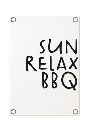Tuinposter - wit met tekst 'Sun Relax BBQ'