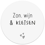 Tuincirkel wit met tekst 'Zon, wijn & kletsen' – muurcirkel voor buiten
