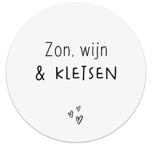 Tuincirkel wit met tekst 'Zon, wijn & kletsen' – muurcirkel voor buiten