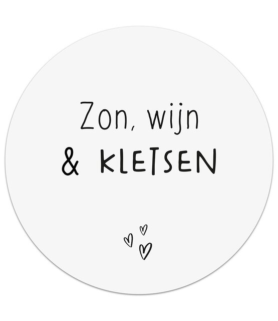 Tuincirkel wit met tekst 'Zon, wijn & kletsen' – muurcirkel voor buiten