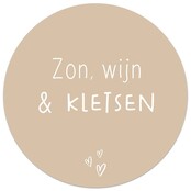 Tuincirkel zand met tekst 'Zon, wijn & kletsen' – muurcirkel voor buiten