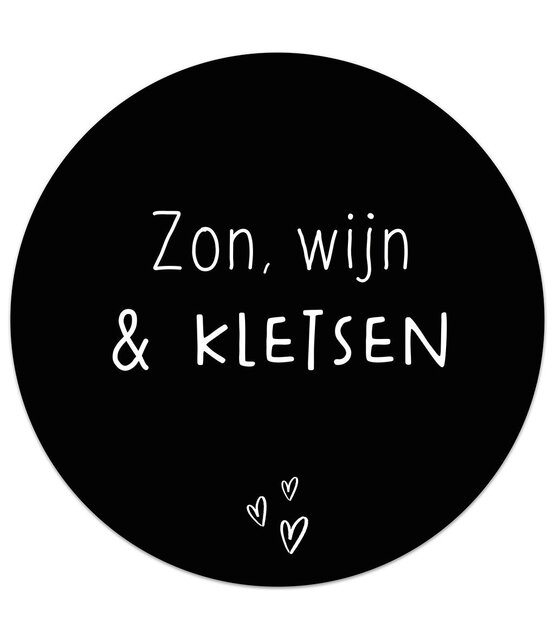 Tuincirkel zwart met tekst 'Zon, wijn & kletsen' – muurcirkel voor buiten