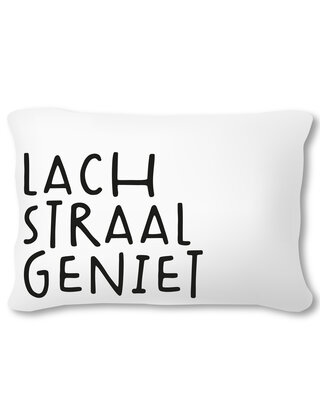 Buitenkussen 60x40 – wit met tekst Lach Straal Geniet