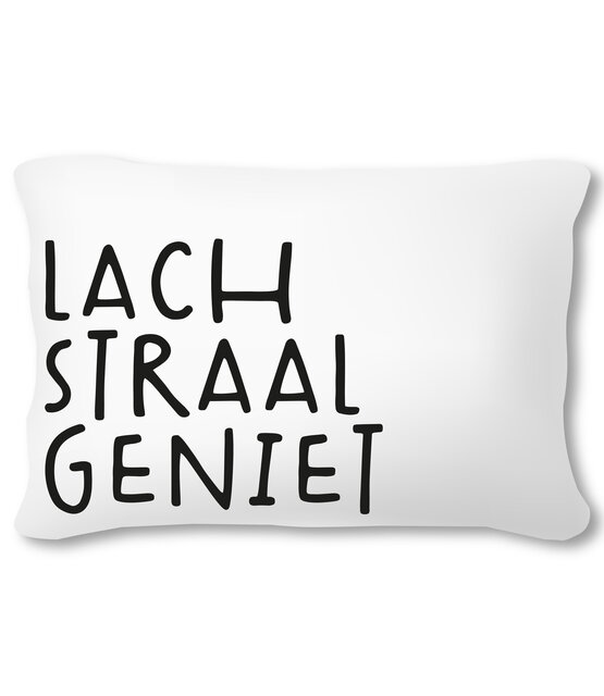 Buitenkussen 60x40 wit met tekst Lach Straal Geniet – waterafstotend tuinkussen