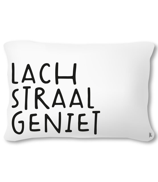 Buitenkussen 60x40 wit met tekst Lach Straal Geniet – waterafstotend tuinkussen