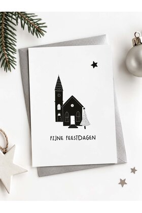 Kerstkaart kerkje  ‘Fijne feestdagen’