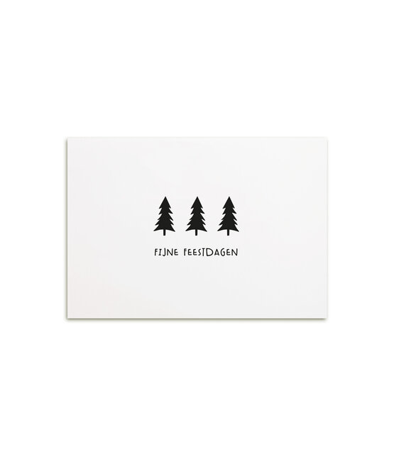 Kerstkaart met kerstbomen en tekst ‘Fijne feestdagen’