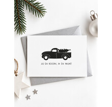Kerstkaart met auto en kerstboom ‘Jij de boom, ik de wijn?’