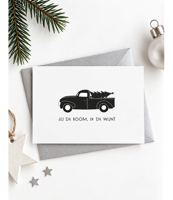 Kerstkaart met auto en kerstboom ‘Jij de boom, ik de wijn?’