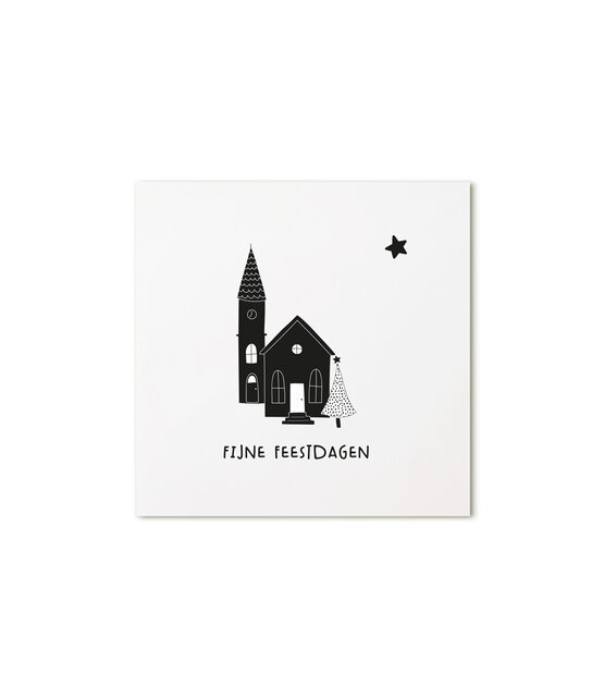 Kerst cadeaukaartje met kerkje en tekst ‘Fijne feestdagen’