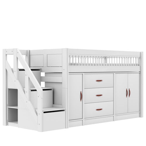 LIFETIME KIDSROOMS Halbhohes Bett ALL-IN-ONE mit Treppe weiß