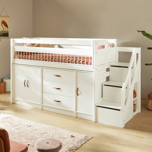 LIFETIME KIDSROOMS Halbhohes Bett ALL-IN-ONE mit Treppe weiß