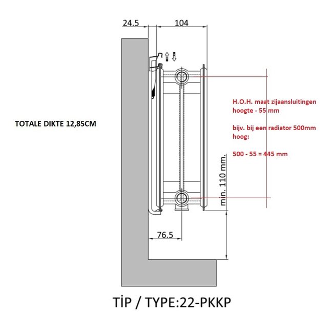  40x180 cm Type 22 - 2903 Watt - ECA Paneelradiator Compact 8 geribbelde voorzijde - Wit (Ral 9016)