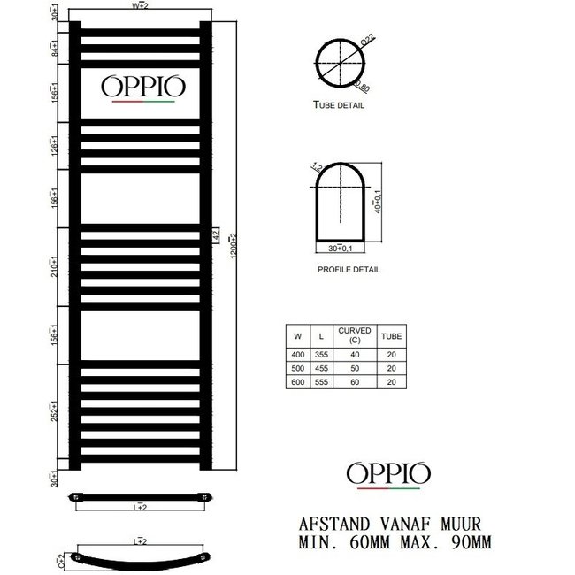  120x40 cm - 550 Watt - Oppio Handdoekradiator - Chroom