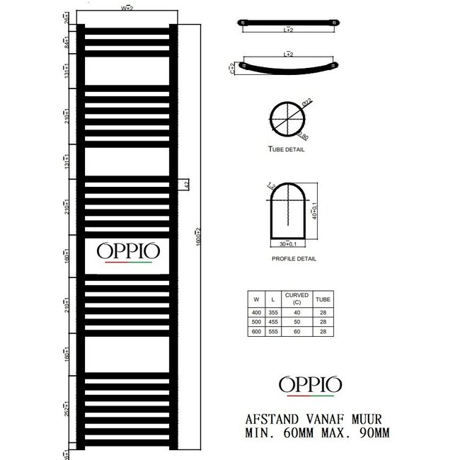  160x40 cm - 714 Watt - Oppio Handdoekradiator - Wit (Ral 9016)