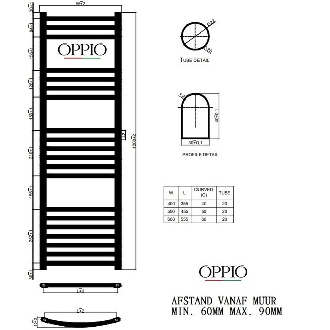  120x50 cm - 673 Watt - Oppio Handdoekradiator - Goud