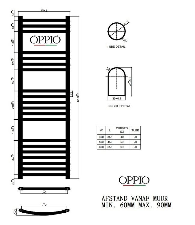  120x50 cm - 673 watts - Radiateur sèche-serviettes Oppio - Anthracite