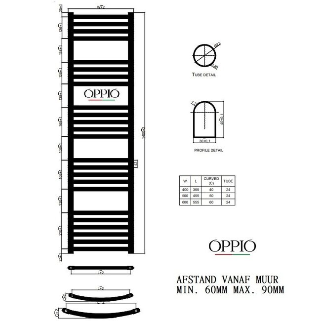  140x50 cm - 787 Watt - Oppio Handdoekradiator - Antraciet