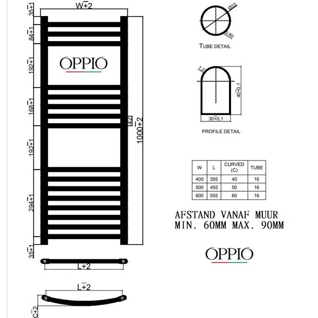  100x50 cm - 564 Watt - Oppio handdoekradiator - Chroom