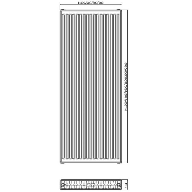 200x40 cm Type 22 - 2168 Watts - ECA Radiateur vertical à façade nervurée - Noir mat (Ral 9005)