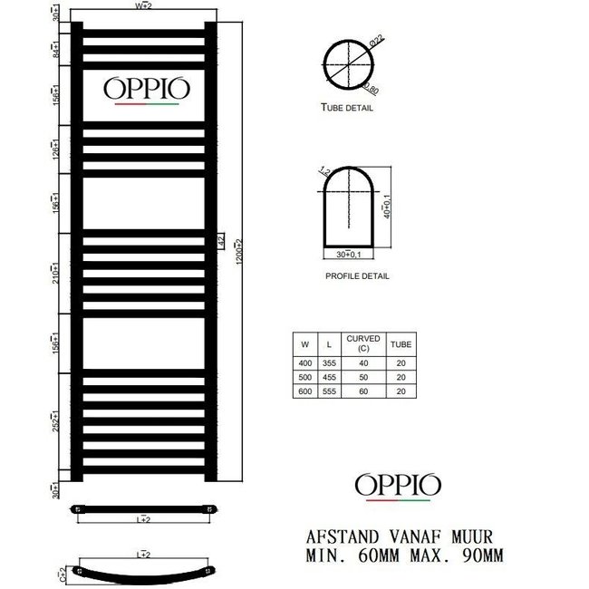  120x60 cm - 794 watts - Radiateur sèche-serviettes Oppio - Noir mat (Ral 9005)