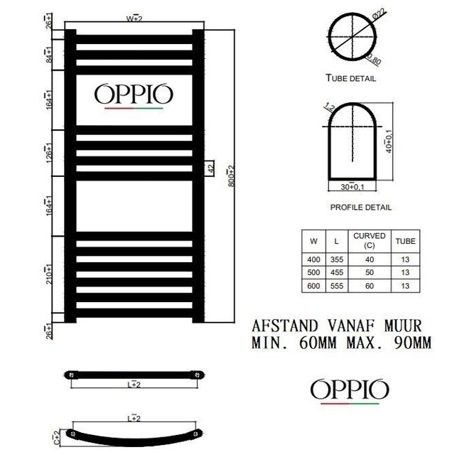  80x40 cm - 378 watts - Radiateur sèche-serviettes Oppio - Noir mat (Ral 9005)