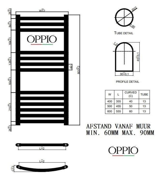  80x40 cm - 378 watts - Radiateur sèche-serviettes Oppio - Noir mat (Ral 9005)
