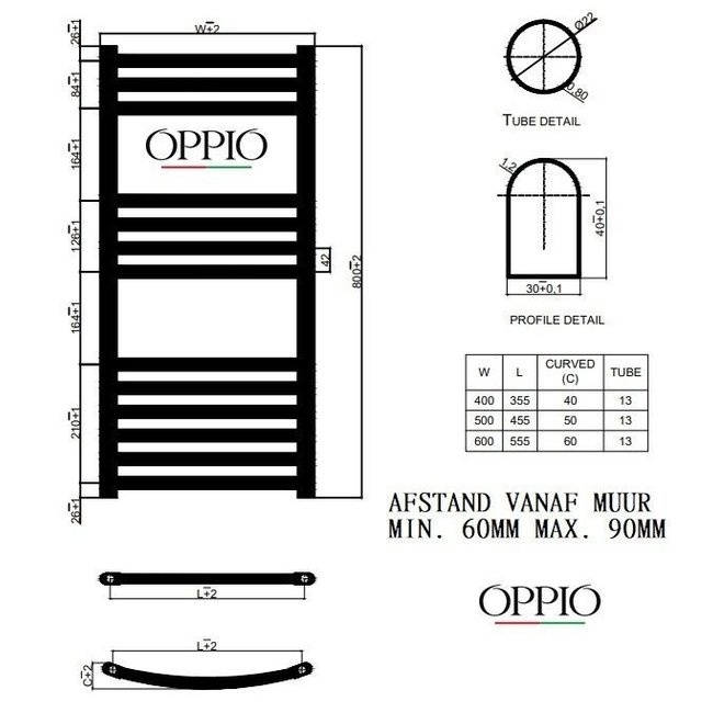  80x50 cm - 464 Watt - Oppio Handdoekradiator - Mat Zwart (Ral 9005)