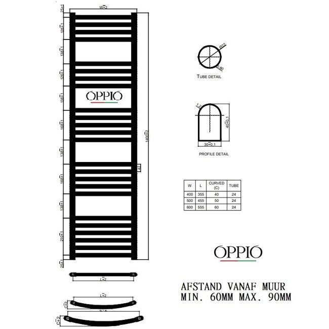  100x60 cm - 667 Watt - Oppio Handdoekradiator - Antraciet