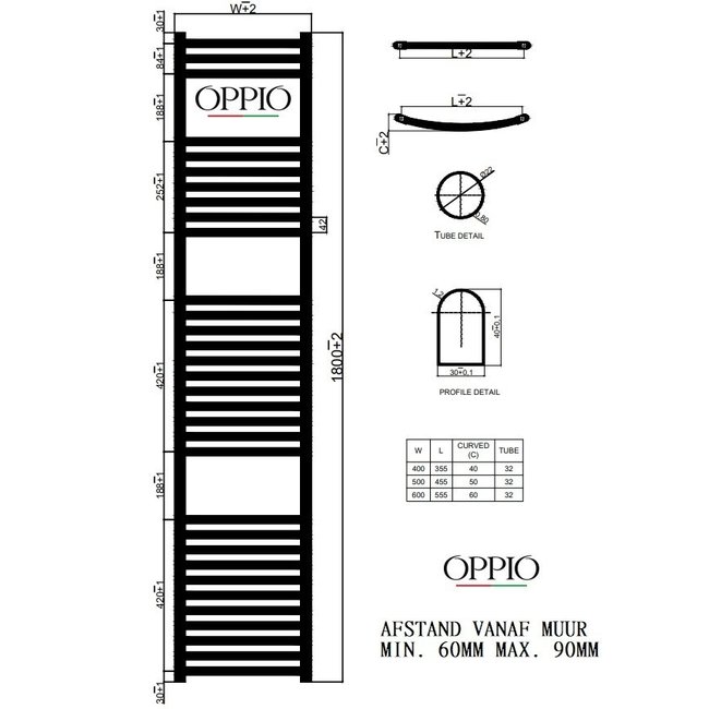  180x50 cm - 1125 Watt - Radiateur sèche-serviettes Oppio - Anthracite