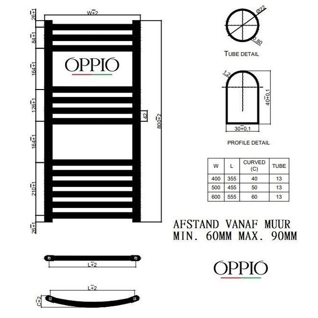  80x50 cm - Oppio Smart Digital Chroom  elektrische handdoekradiator